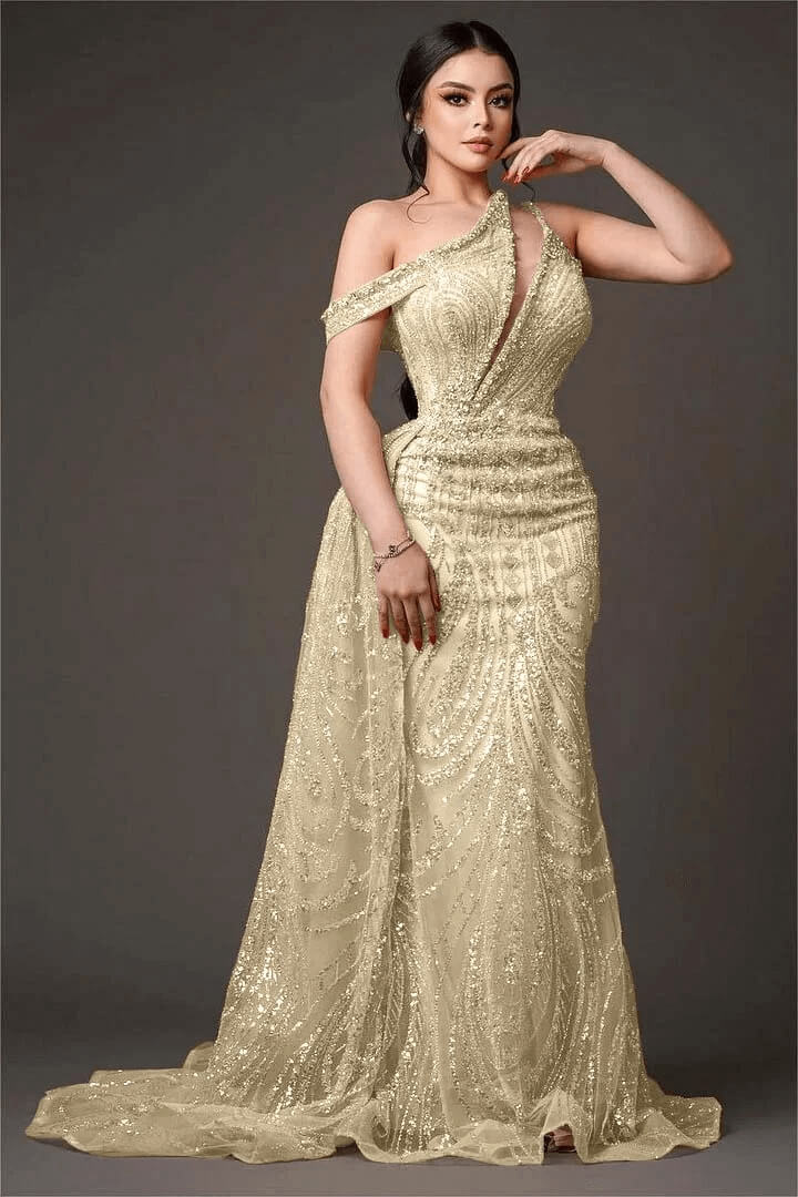 Champagne Gold Prom Dress One Shoulder Sleeveless Evening Formal Dress With Bead Embroidery