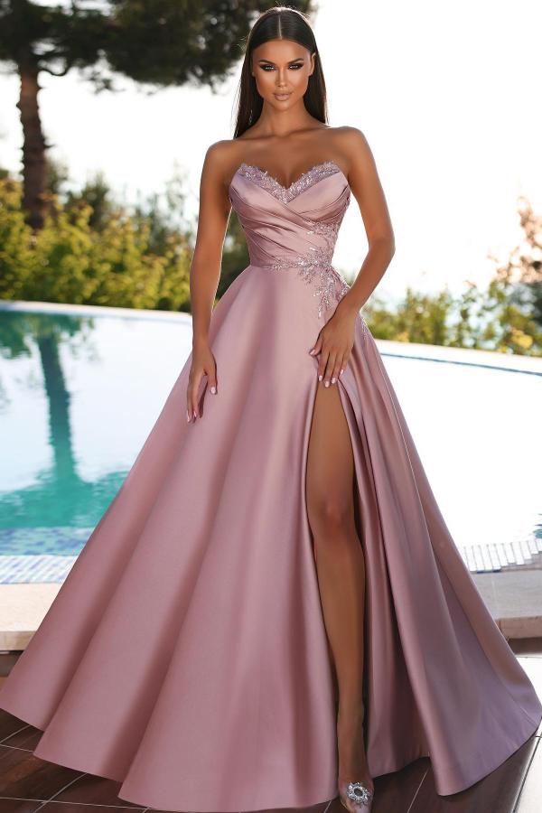 Sweetheart Dusty Pink Prom Dresses Long With Slit Lace Appliques - VelvetHem