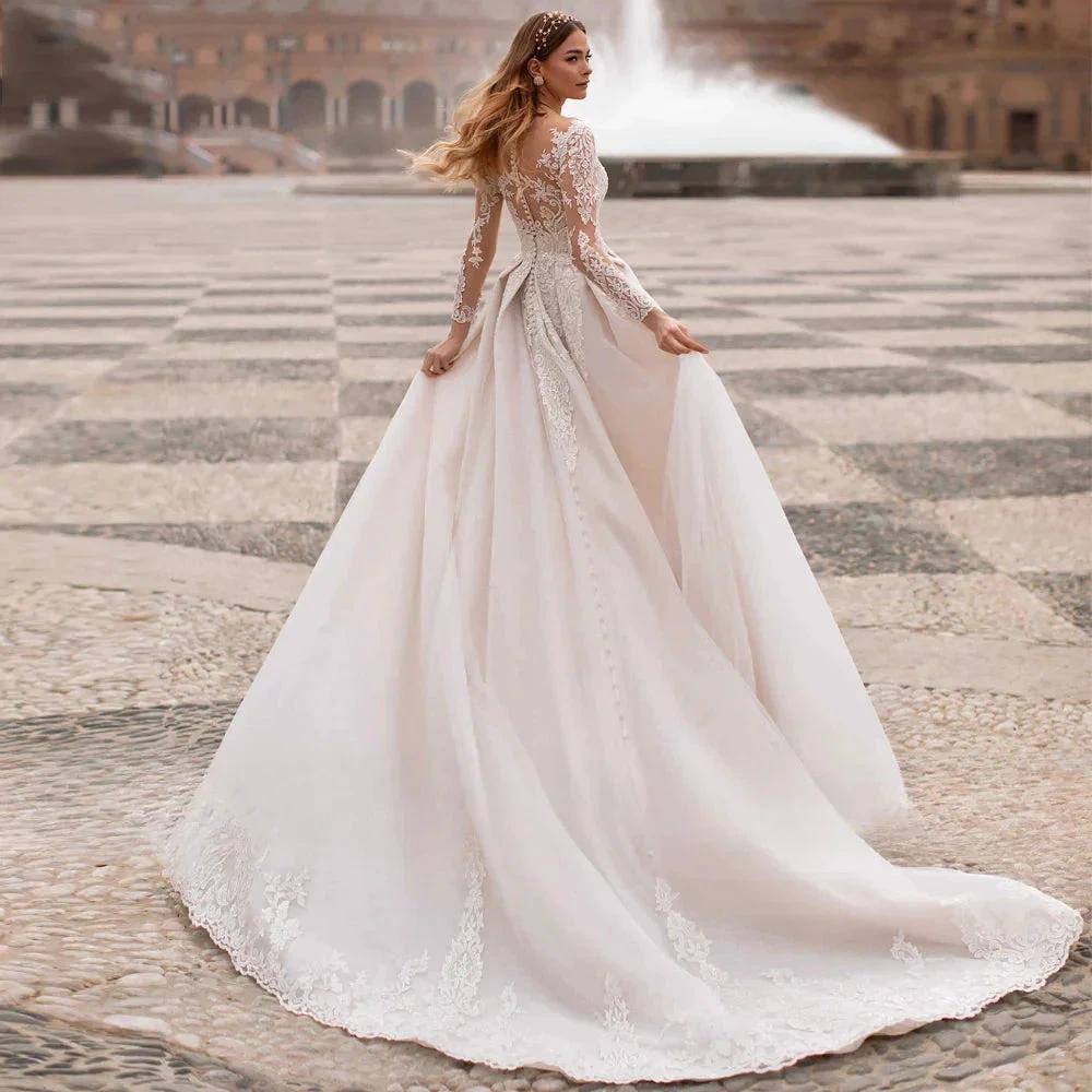 A-Line Round Neck Wedding Dress Crystal Beads Elegant Ladies Bohemian Lace Applique Long Sleeve Bride Bridal Gowns Seaside Party (ZD14141)