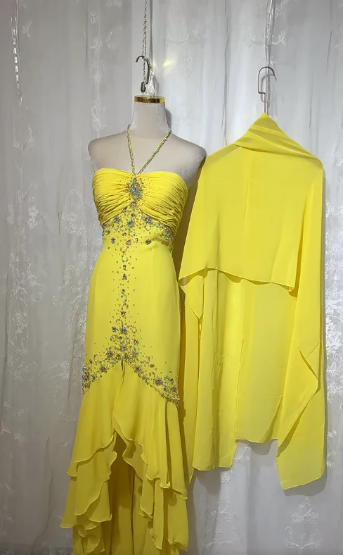 Stunning Yellow Halter Neck Sheath Chiffon Beaded Hi-Lo Prom Dresses Elegant Wedding Guest Dresses - View 4 | VelvetHem