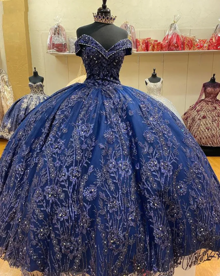 A Line Navy Blue Off The Shoulder Quinceanera Dresses Sweet 16 Dress Ball Gown fg6897 - View 3 | VelvetHem