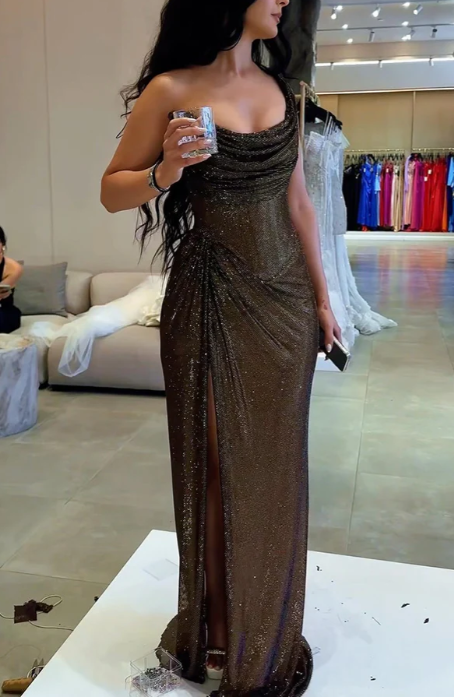 Gorgeous Black One Shoulder Tulle Sequins Pleated Slit Evening Dress,Formal Party Prom Dress - View 3 | VelvetHem