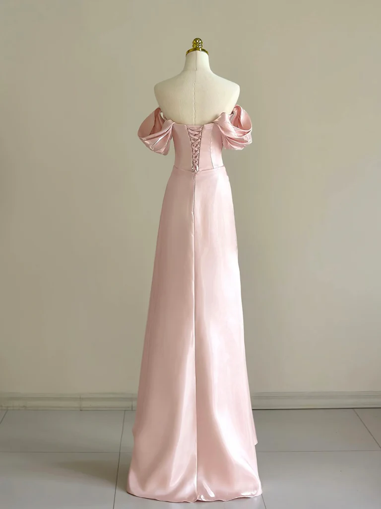 Pretty Off Shoulder Pink Long Prom Dress Formal Evening Dress With Beads Y8049