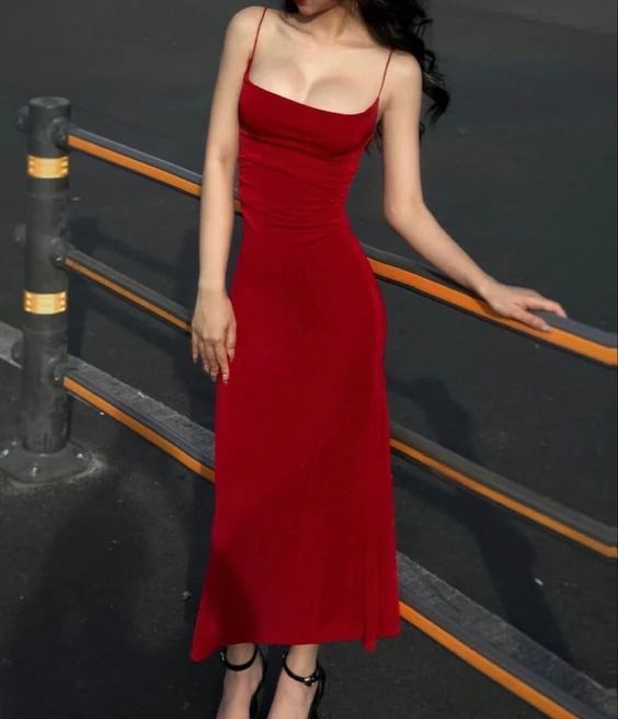 Charming Red Straps Sheath Satin Prom Dress Long Party Evening Gown - VelvetHem