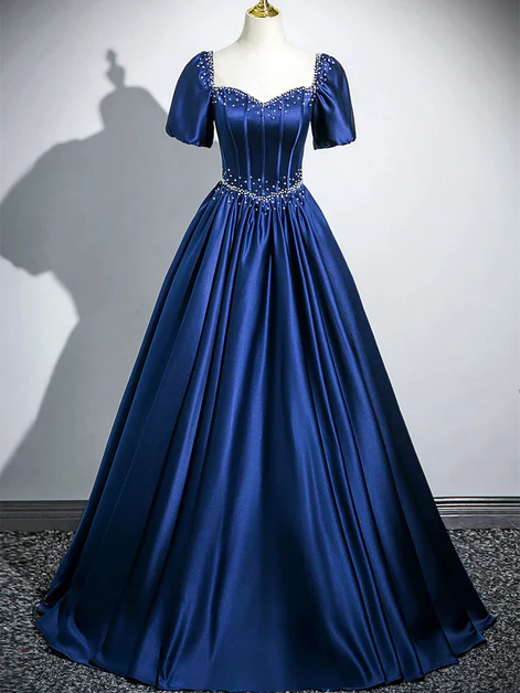 Charming Navy Blue Satin Sweetheart Pearls Beaded Party Prom Dress, A Line Ball Gown - VelvetHem