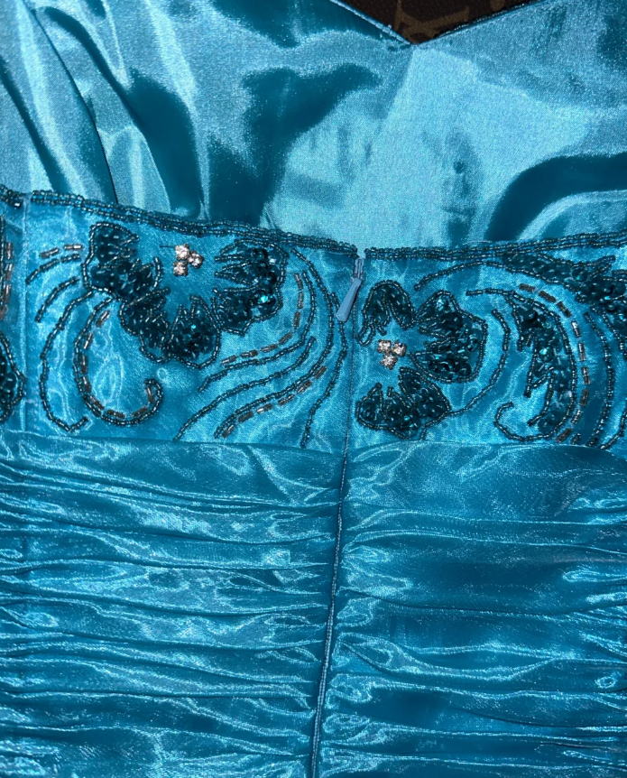 Elegant Strapless Satin Organza Beaded Mermaid Evening Dress Blue Long Party Gown - View 5 | VelvetHem