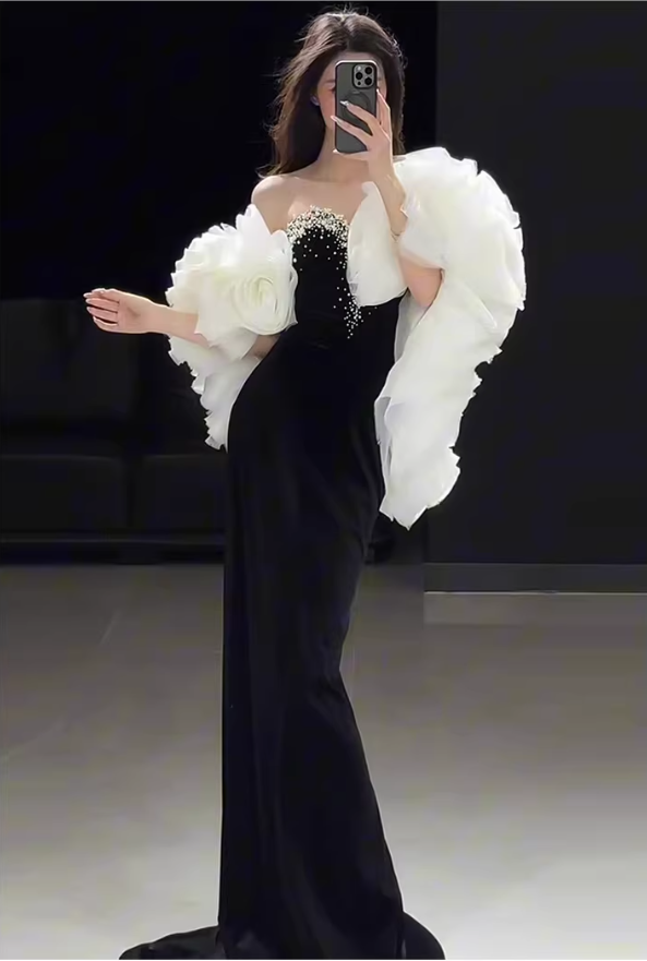 Gorgeous Strapless Black Velvet Beaded Mermaid Long Prom Dress Birthday Party Dress - View 2 | VelvetHem