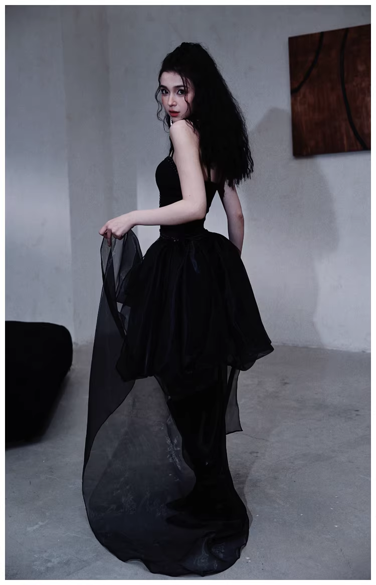 Gorgeous Black Organza Satin Beaded Long Party Dress Birthday Evening Dress - View 10 | VelvetHem