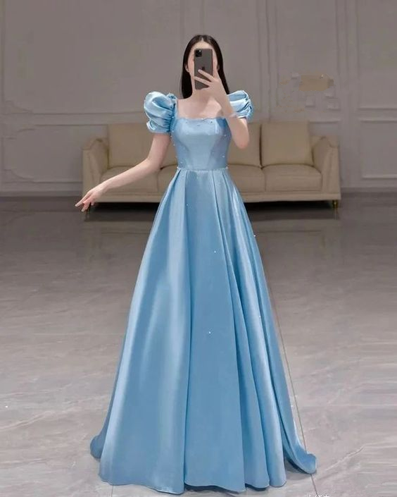 Blue Square Neckline A-line Prom Dress,Blue Princess Dress - VelvetHem