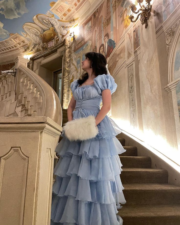 Sky Blue Tiered Skirt Prom Dress Puff Short Sleeves Formal Party Evening Gown fg7259 - VelvetHem