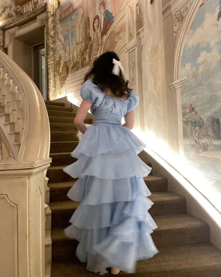 Sky Blue Tiered Skirt Prom Dress Puff Short Sleeves Formal Party Evening Gown fg7259 - View 2 | VelvetHem