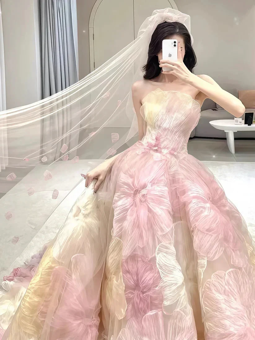 Dream Princess Floral Ball Gown, Strapless A-line Evening Prom Dress,Wedding Dress (ZD13743)