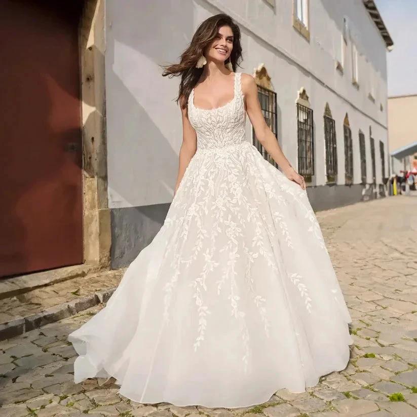 Elegant Square Neck Wedding Dress Open Back Sleeveless A-line Beading Exquisite Bridal Gowns Custom Made robe de mariée (ZD13423)