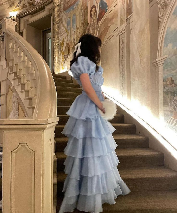 Sky Blue Tiered Skirt Prom Dress Puff Short Sleeves Formal Party Evening Gown fg7259 - View 3 | VelvetHem