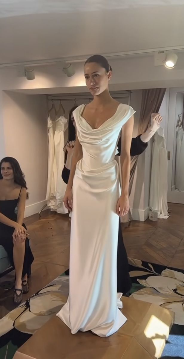 Sexy Sheath Off The Shoulder Satin Long Wedding Dresses fg6445 - View 3 | VelvetHem