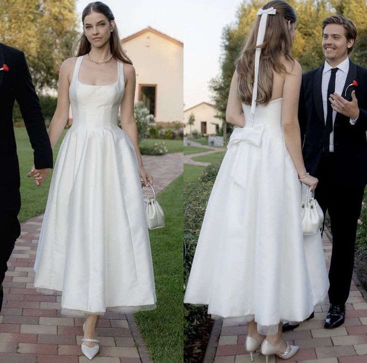 Satin Tulle Midi Wedding Dress, Simple Square Neckline Tea Length Formal Prom Dress fg7288 - VelvetHem