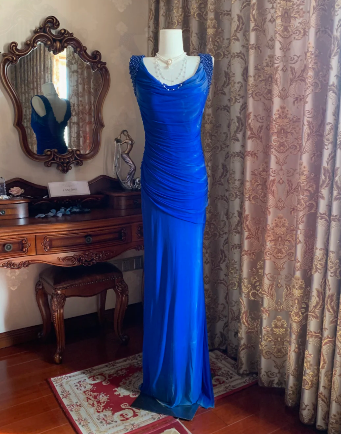 Sexy Royal Blue Tulle Pleated Beaded Mermaid Long Wedding Guest Dress Evening Dress - View 2 | VelvetHem