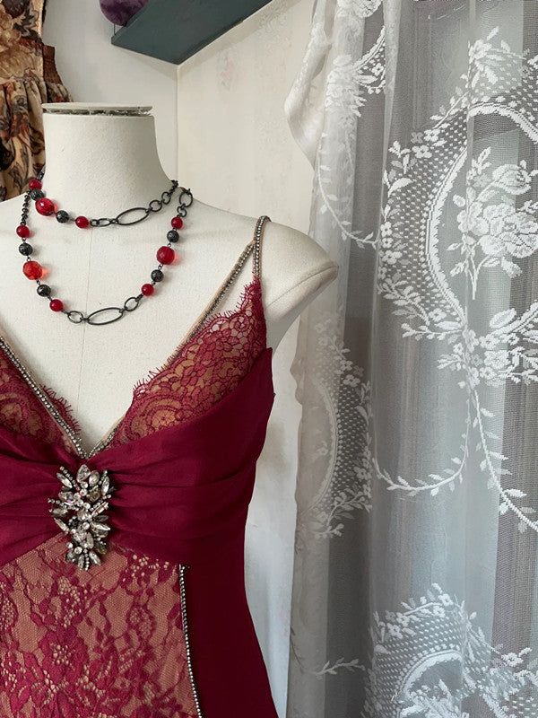 V Neck Lace Burgundy Long Prom Dress Mermaid Evening Party Gown fg6916 - View 4 | VelvetHem