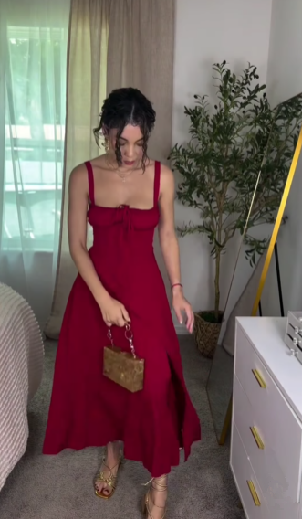 Elegant Burgundy Satin Slit Party Dress,A Line Slit Sleeveless Evening Dress