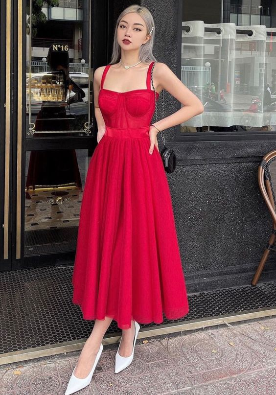 Elegant Red A-line Straps Prom Dress,Red Evening Dress - VelvetHem