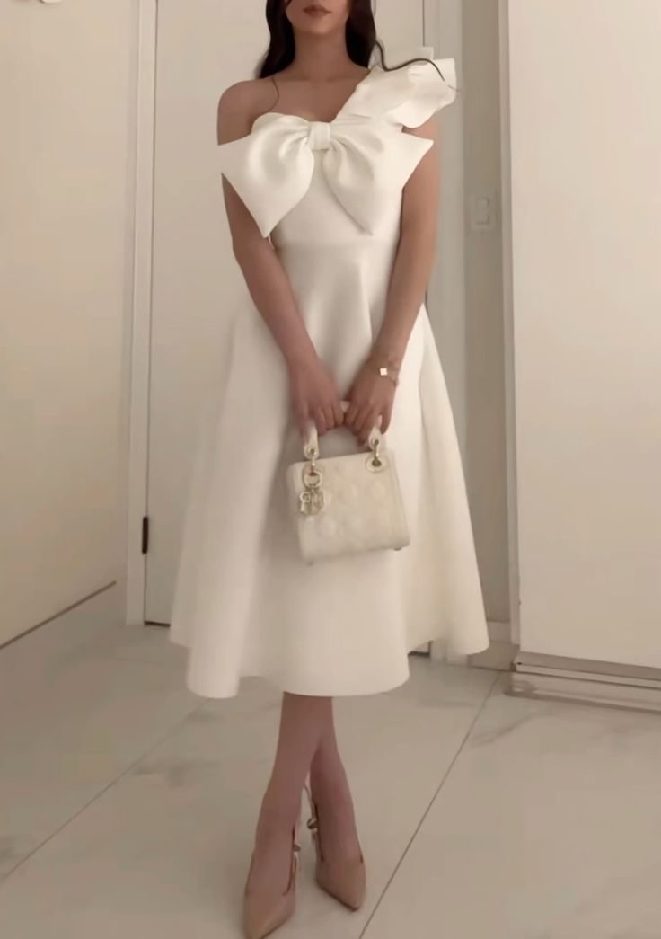 White Elegant Party Prom Dress One Shoulder BowKnot Evening Dresses fg7308 - View 2 | VelvetHem