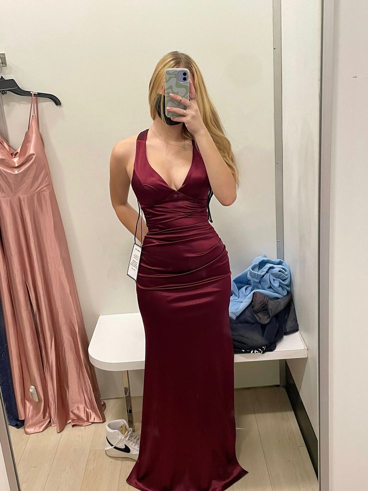 Simple Burgundy V Neck Long Party Dress Formal Prom Dress fg6917 - View 6 | VelvetHem