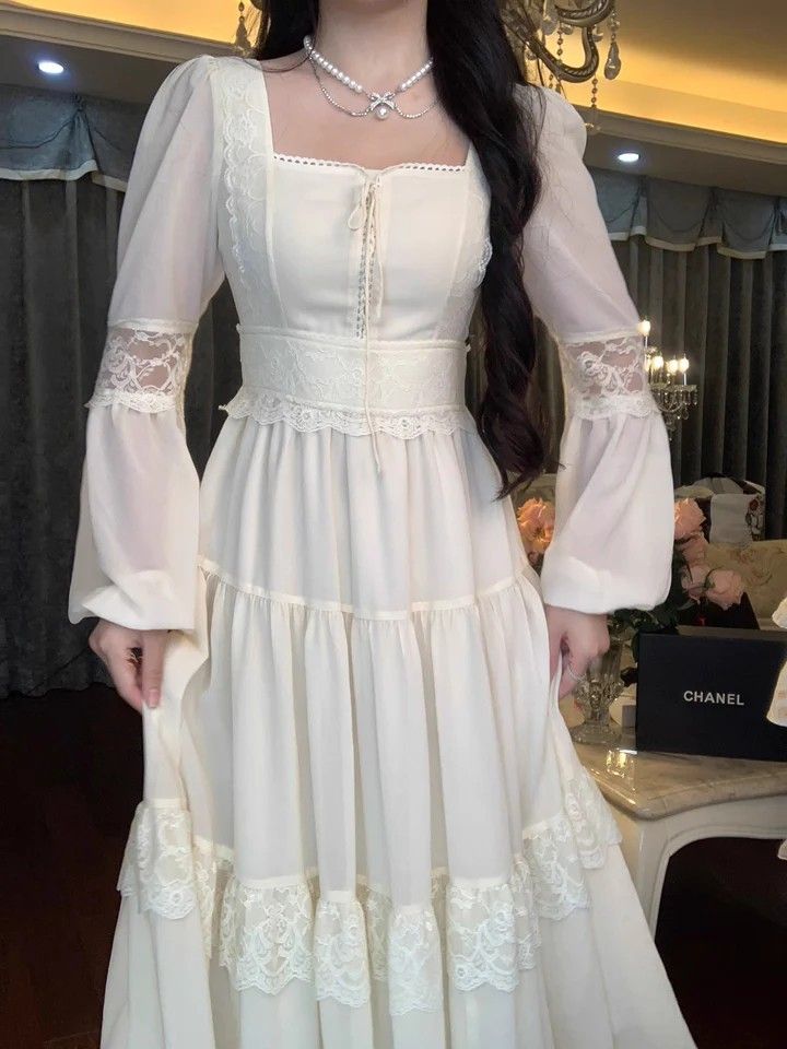 A Line Square Neck Prom Dress Ivory Evening Dress Formal Prom Gown fg7289 - View 2 | VelvetHem