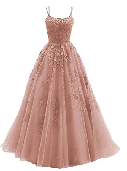 Silver spaghetti strap prom dress, long tulle lace appliqu�d women's party dress - View 4 | VelvetHem