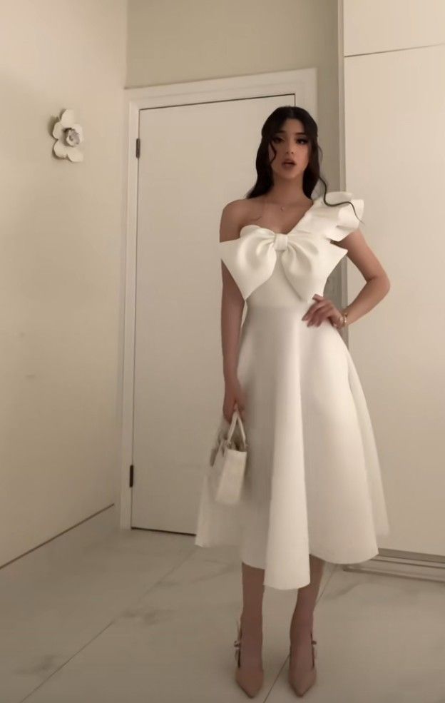 White Elegant Party Prom Dress One Shoulder BowKnot Evening Dresses fg7308 - VelvetHem