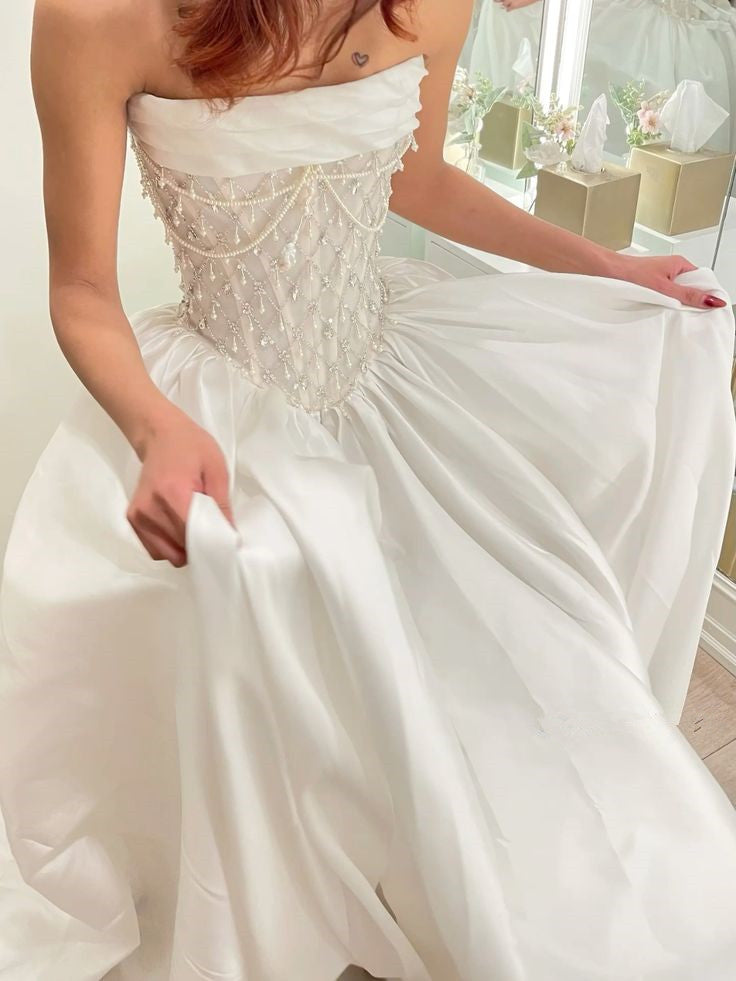 A Line Stunning Strapless Satin Wedding Dresses With Beads fg7297 - View 4 | VelvetHem