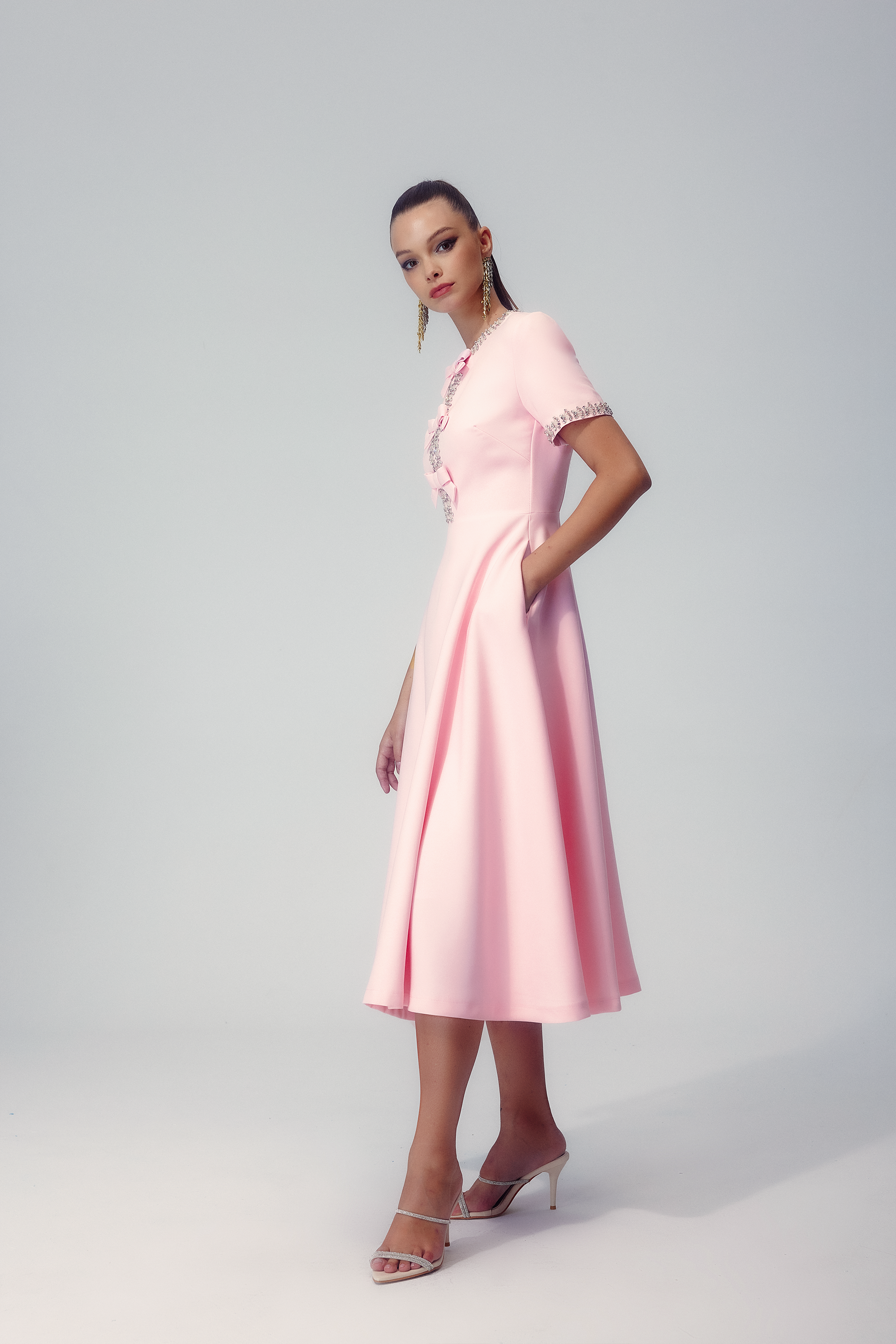 Mercedes Minimalist Midi Dress with Bow and Crystal Embellishment Chic Silhouette Collection