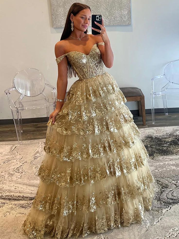 Gold A-Line Tulle Gold Sequin Long Prom Dress, Gold Long Evening Dress - VelvetHem