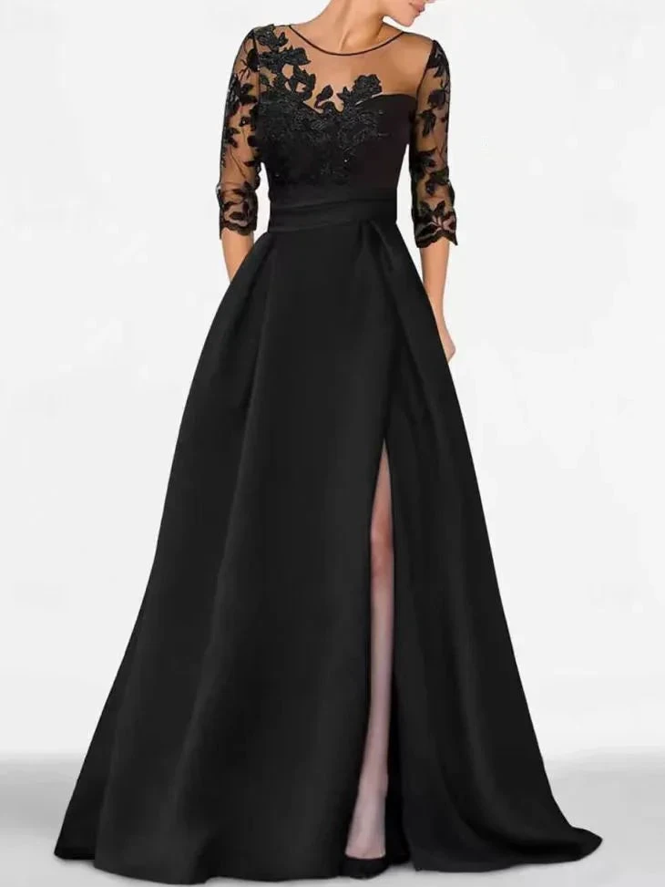 Elegant black satin embroidered formal dress (ZD16758)