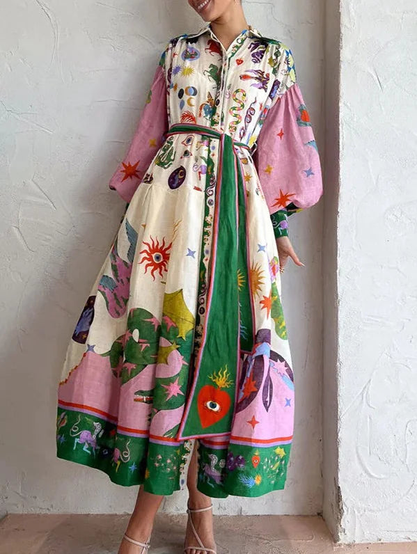 Stylish Pattern Shirt Midi Dress Balloon Sleeve