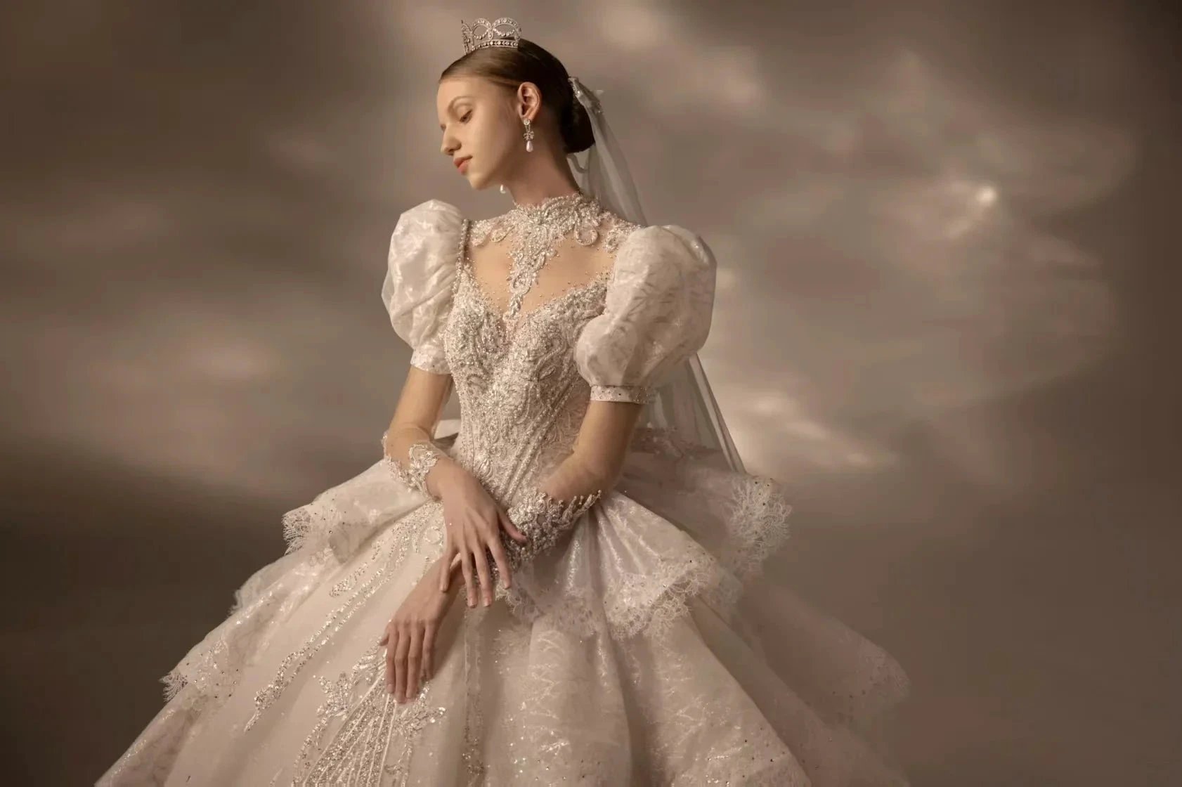 Regal High Neck Puff Sleeve Tulle Wedding Dress with Sequin Embroidery & Layered Ruffle Train (ZD16911)