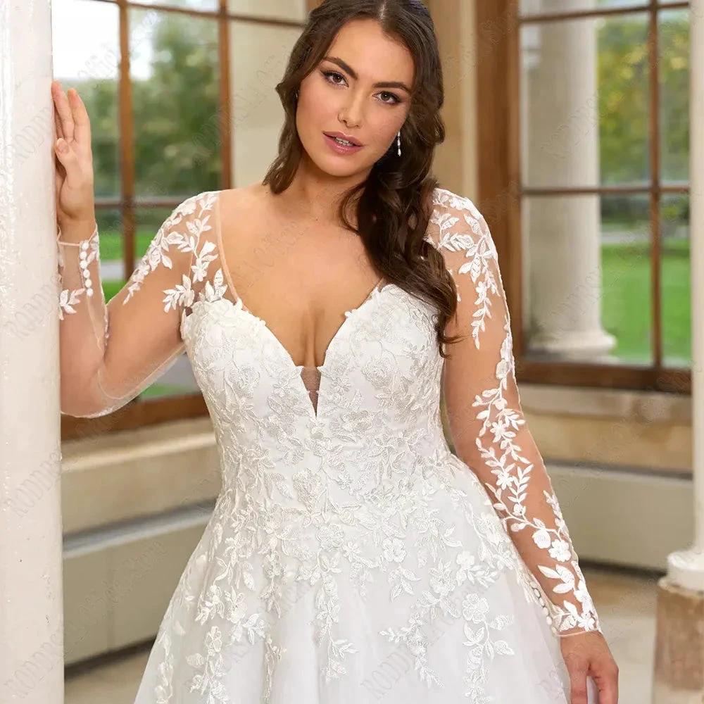 Pastrol Wedding Dresses Plus Size Long Sleeves Lace Up Bride Gowns Applique A-Line Tulle V-Neck vestido de noiva (ZD13451)