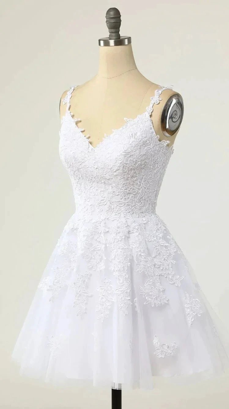 V Neck White Lace Short Homecoming Dresses White Lace Formal Graduation Dresses Y1873 by simplepromdress