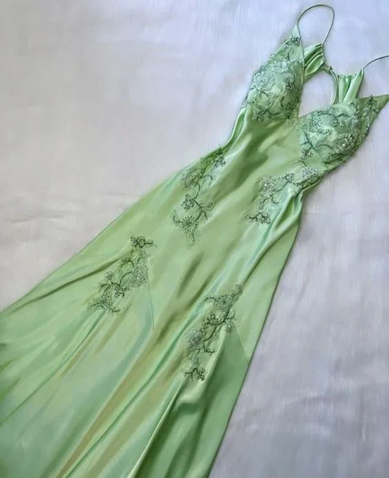Spaghetti Straps Mint Green Lace Beaded Prom Dress Evening Dress