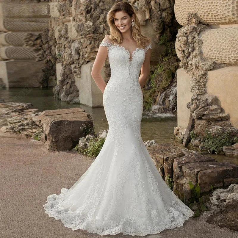 Mermaid Wedding Dress Women Charming Lace Appliques Bridal Gown Robe De Mariée Illusion Short Sleeves Gorgeous Boho (ZD13433)