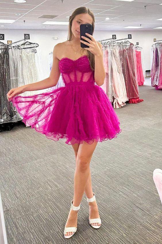 Trendy A-Line Fuchsia Tulle Corset Homecoming Dress Semi Formal Dresses (ZD11868)