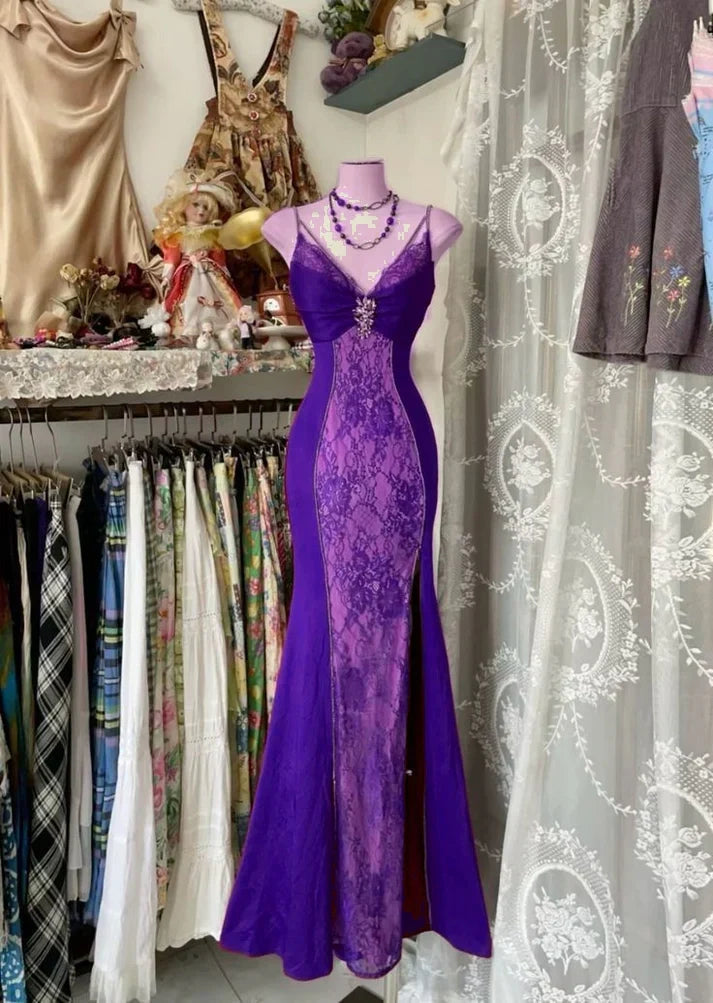 V Neck Lace Burgundy Long Prom Dress Mermaid Evening Party Gown fg6916 - View 7 | VelvetHem