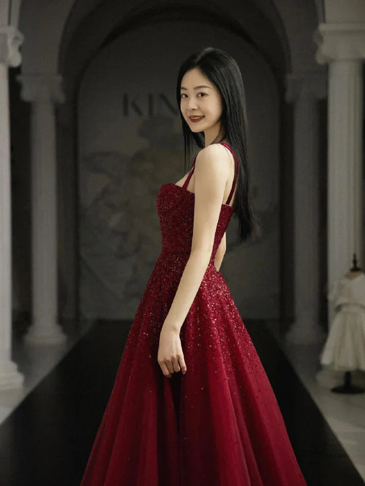 Burgundy Prom Dresses A line Straps Tulle Evening Dresses      fg6734