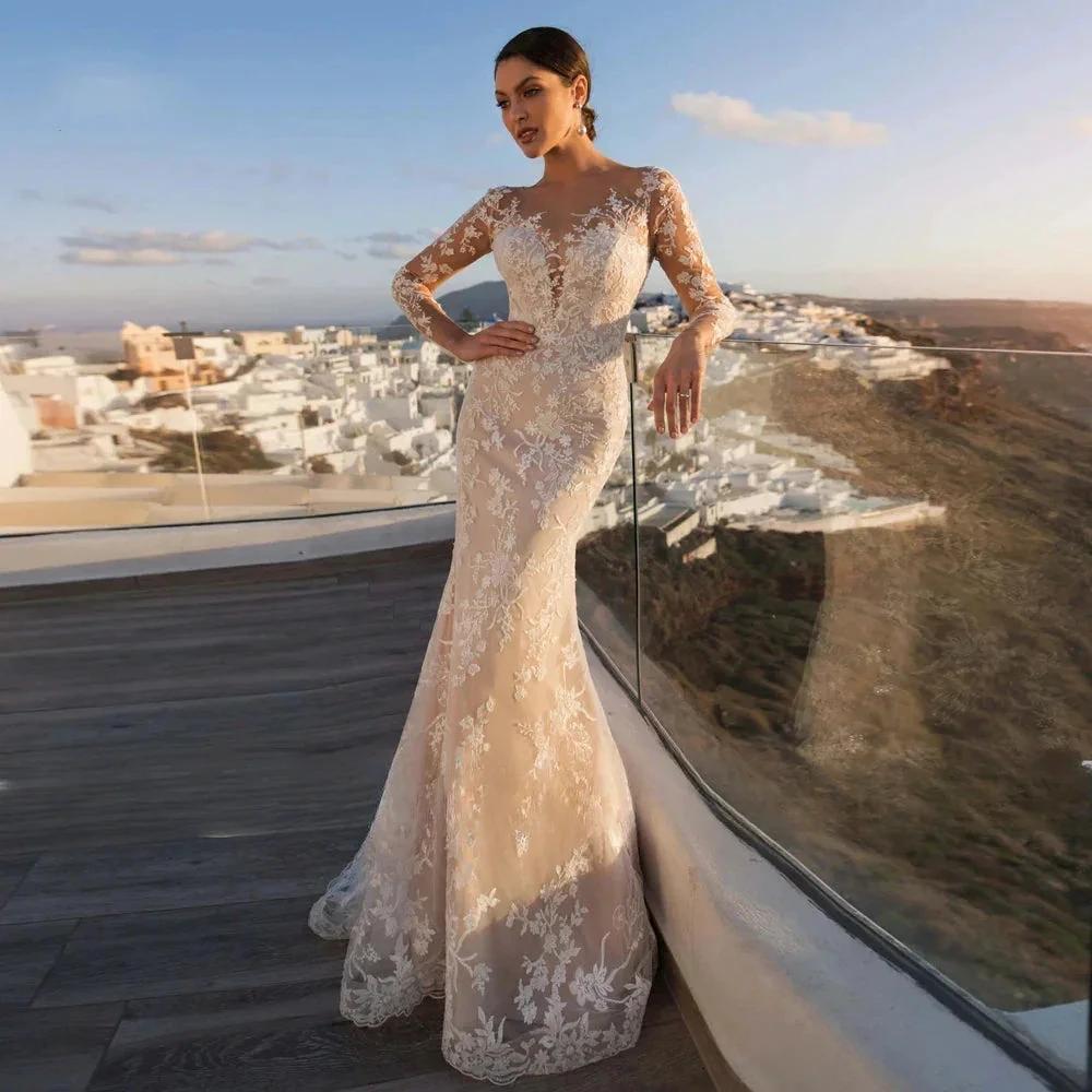 Gorgeous Long Sleeve Lace Mermaid Wedding Dresses  Luxury Appliques Button Removable Train Horn Bridal Gowns Robe De Mariée (ZD14162)