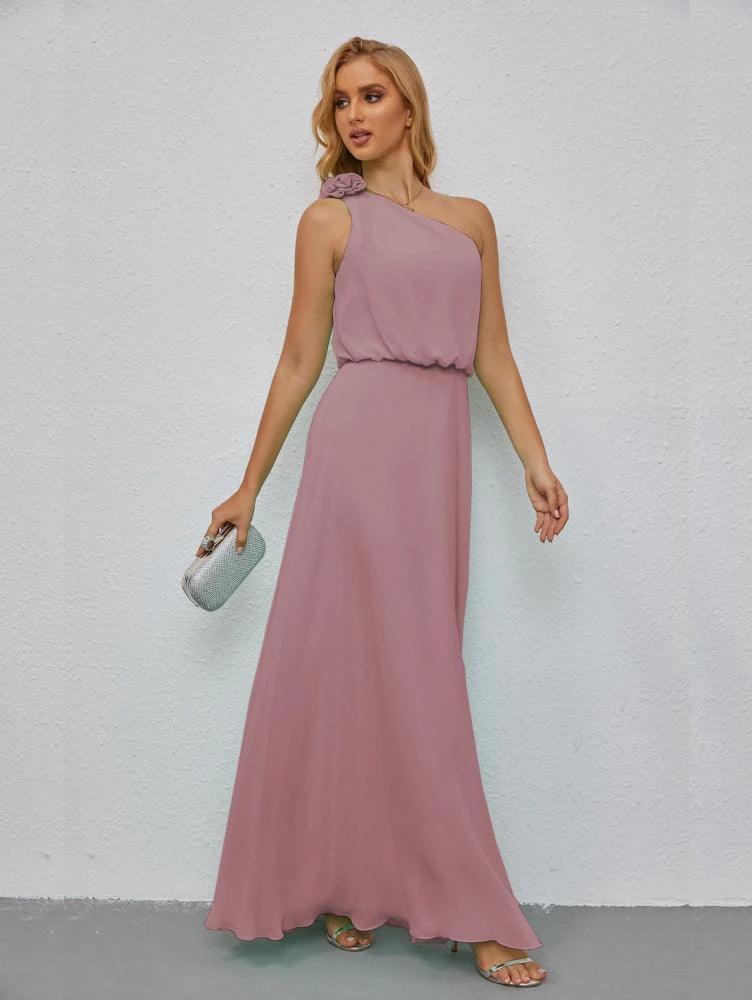 Ruffled One Shoulder Sleeveless Long Bridesmaid Dresses A-line Formal Evening Gown Side Split 28080 (ZD17018) - VelvetHem
