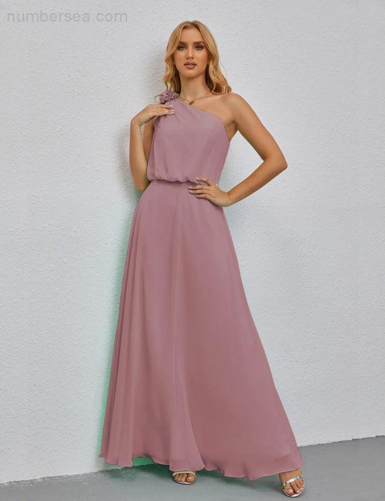 Ruffled One Shoulder Sleeveless Long Bridesmaid Dresses A-line Formal Evening Gown Side Split 28080 (ZD17018)