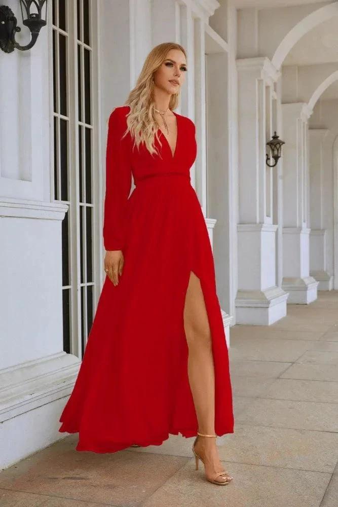 Ladies V Neck Chiffon Long Sleeve Front Slit Bridesmaid Evening Dress Wedding Party Shopping Evening Dress 28109 by numbersea