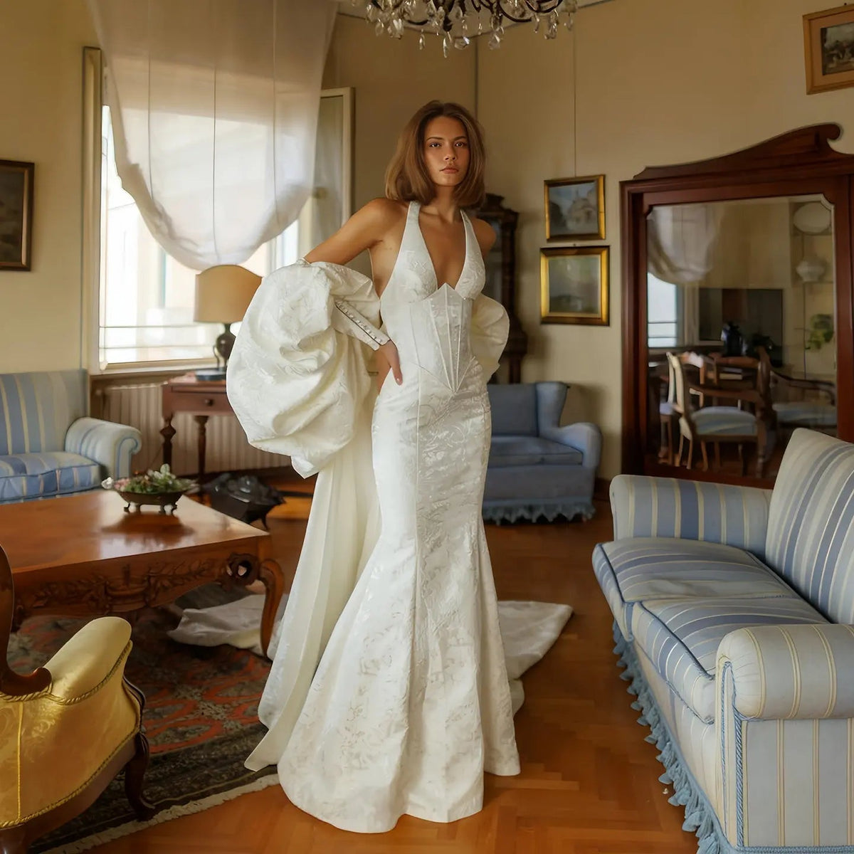 Elegant Ivory Halter Neck Puff Sleeve Mermaid Wedding Dress with Train ZP116