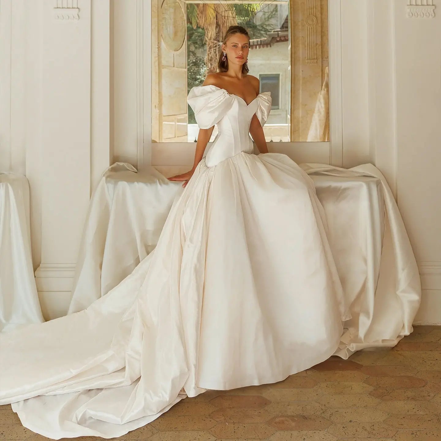 Romantic White Satin Off-the-Shoulder Puff Sleeve Ball Gown Wedding Dress ZP113