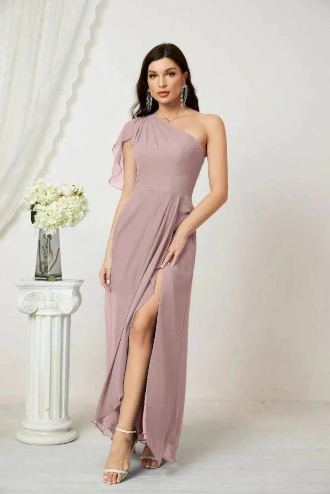 Numbersea Chiffon Ruffled One Shoulder Long Bridesmaid Dresses A-line Formal Evening Gown Side Split 2809 by numbersea