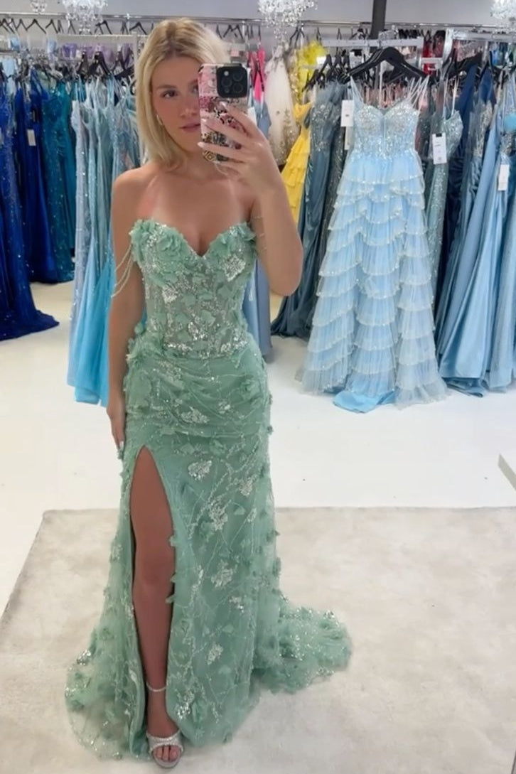 Glamorous Mermaid Off the Shoulder Green Long Prom Dress with Appliques - View 2 | VelvetHem